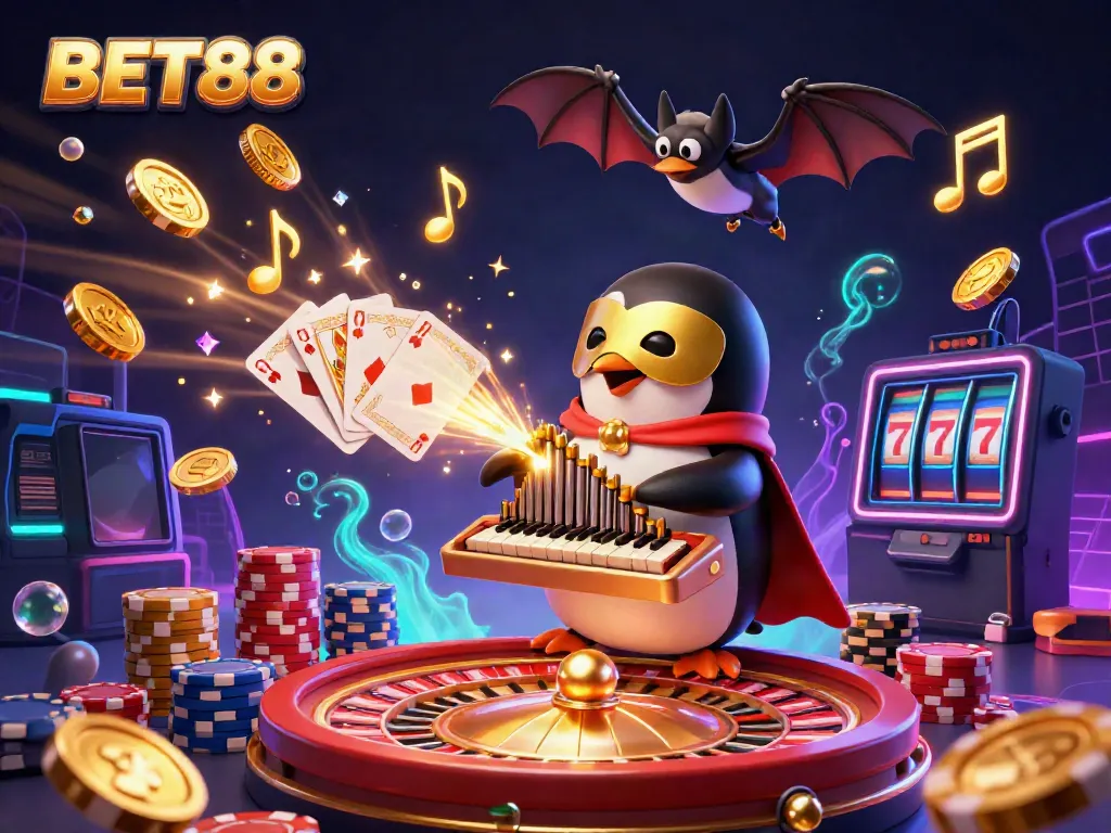Experience the excitement of BET88 with an immersive 3D illustration showcasing vibrant casino elements.