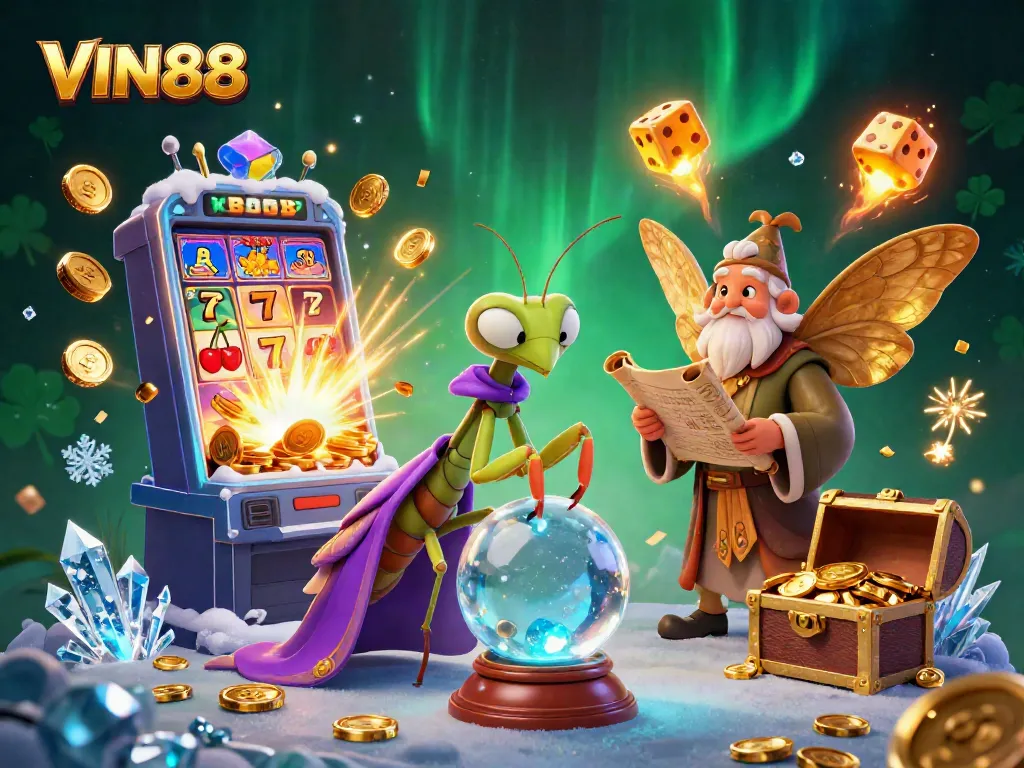 Experience the exciting world of VIN88 with a 3D illustrated scene of gambling delights and vibrant casino elements.