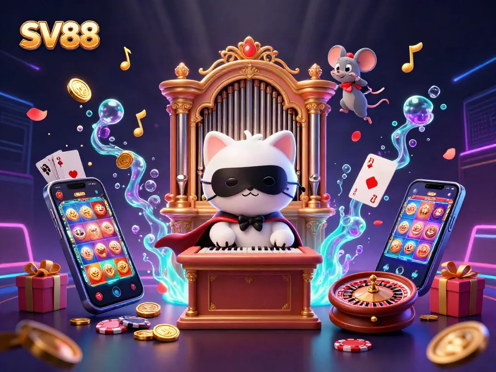 Experience the thrill of SV88 with a dynamic casino illustration featuring unique characters and gaming elements.