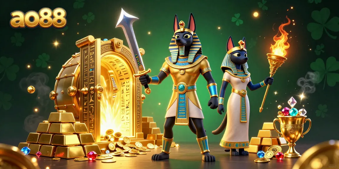 Engage with the ao88 experience featuring Anubis and Bastet amidst a treasure-filled dynamic casino scene.