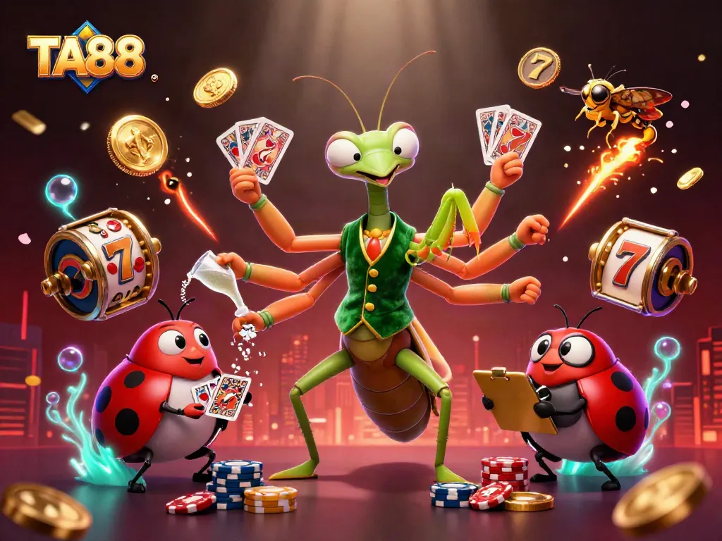 Experience the excitement of TA88 casino with a vibrant 3D rendering of unique characters amidst slot games and gold elements.