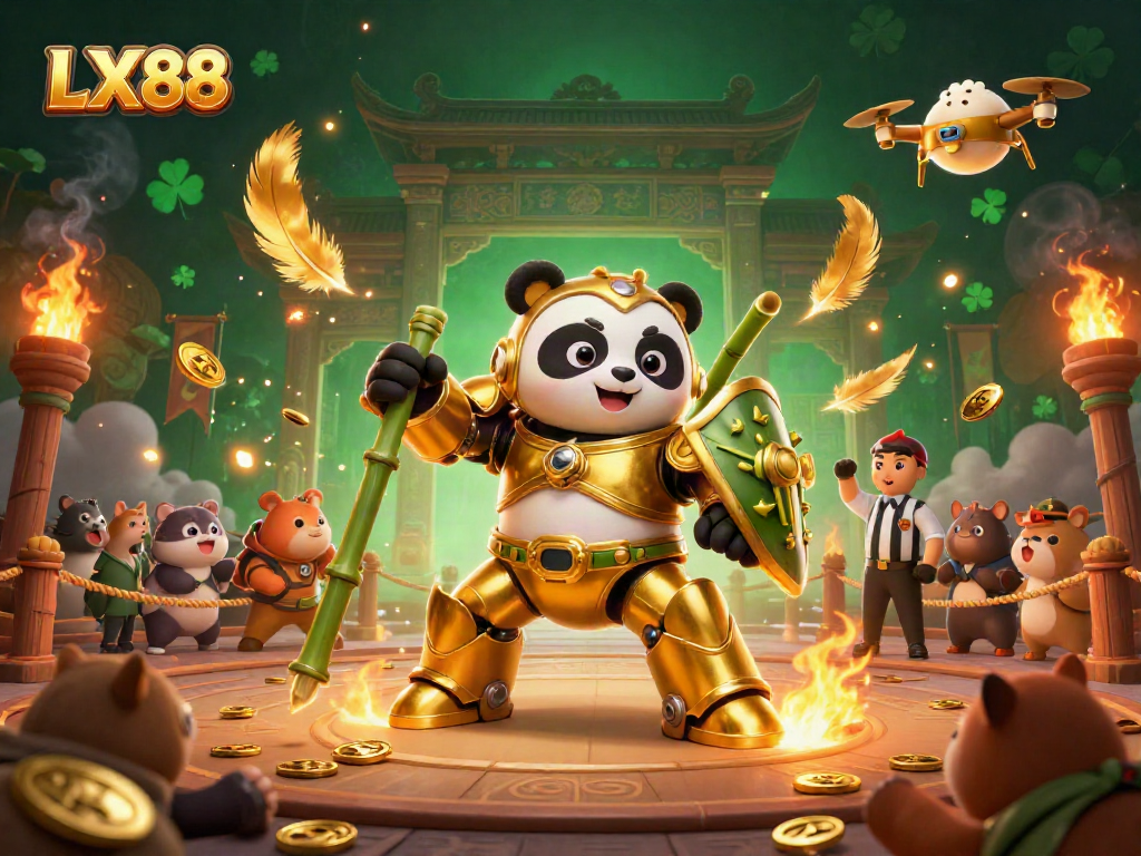 Experience thrilling gameplay with LX88 in a vibrant 3D casino arena featuring a golden panda robot.