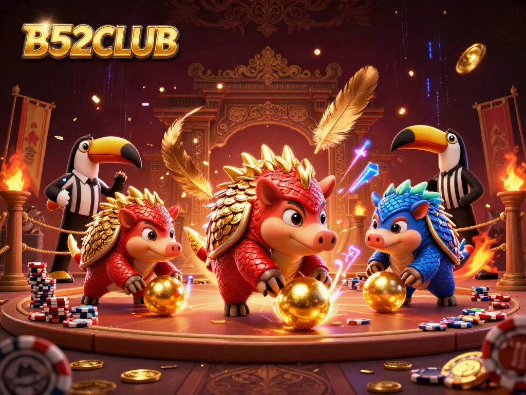 Bowl with B52CLUB pangolins playing amid vibrant casino elements and golden confetti.