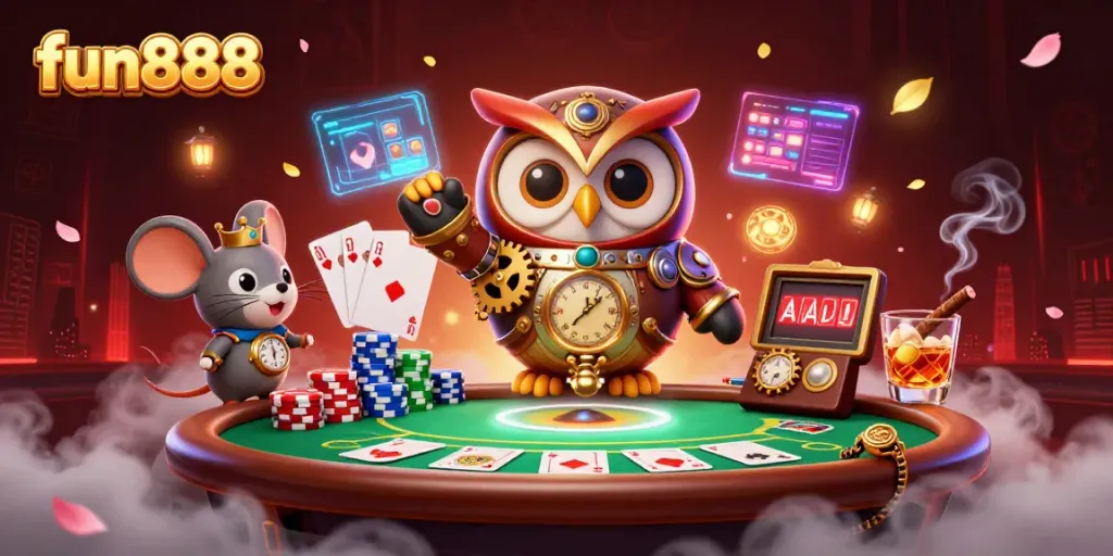 Experience fun888 with dynamic casino action illustrated by a steampunk owl and casino elements.