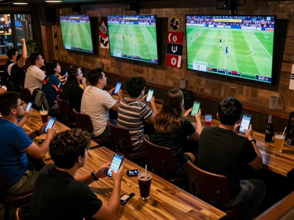 Xem bóng đá trực tuyến in an exciting sports bar setting with fans celebrating and placing bets.