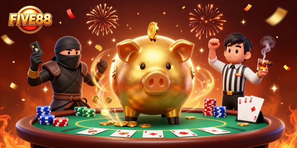 Experience thrilling wins at FIVE88 casino with vibrant characters and festive gaming elements.