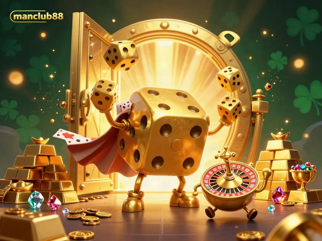 Engage with manclub88's dynamic gaming experience featuring golden dice and casino treasures.