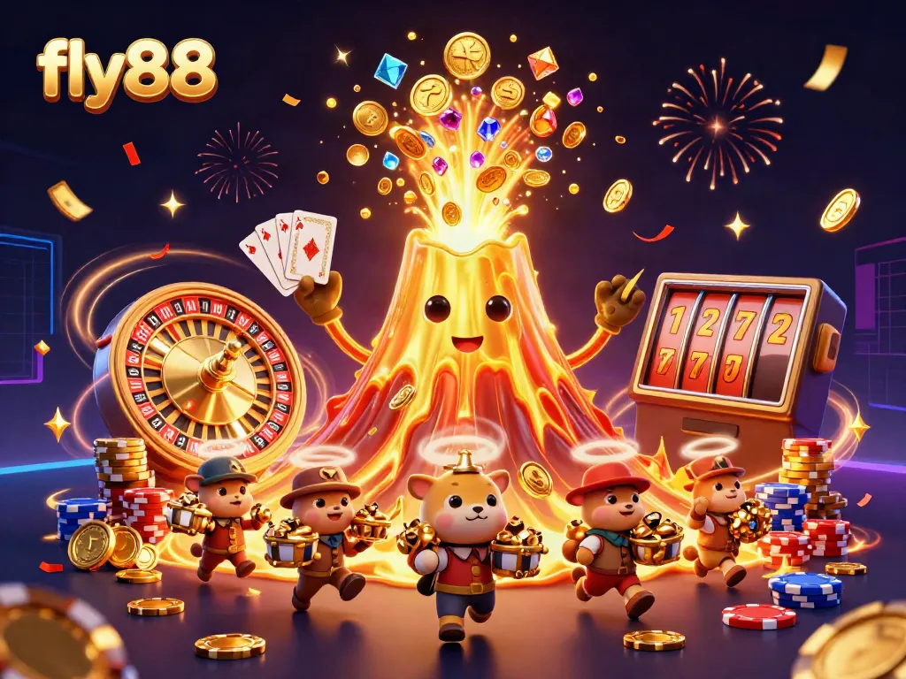 Experience the excitement of fly88 with a dynamic 3D scene showcasing treasure, casino games, and adventure.