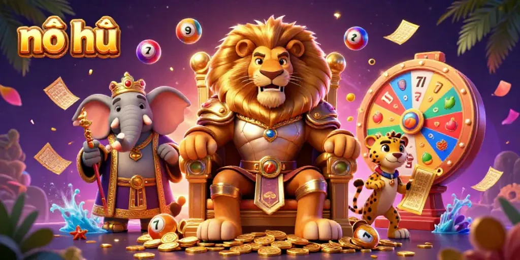 Experience the thrill of nổ hũ with a vibrant 3D scene filled with lottery and slot game elements.