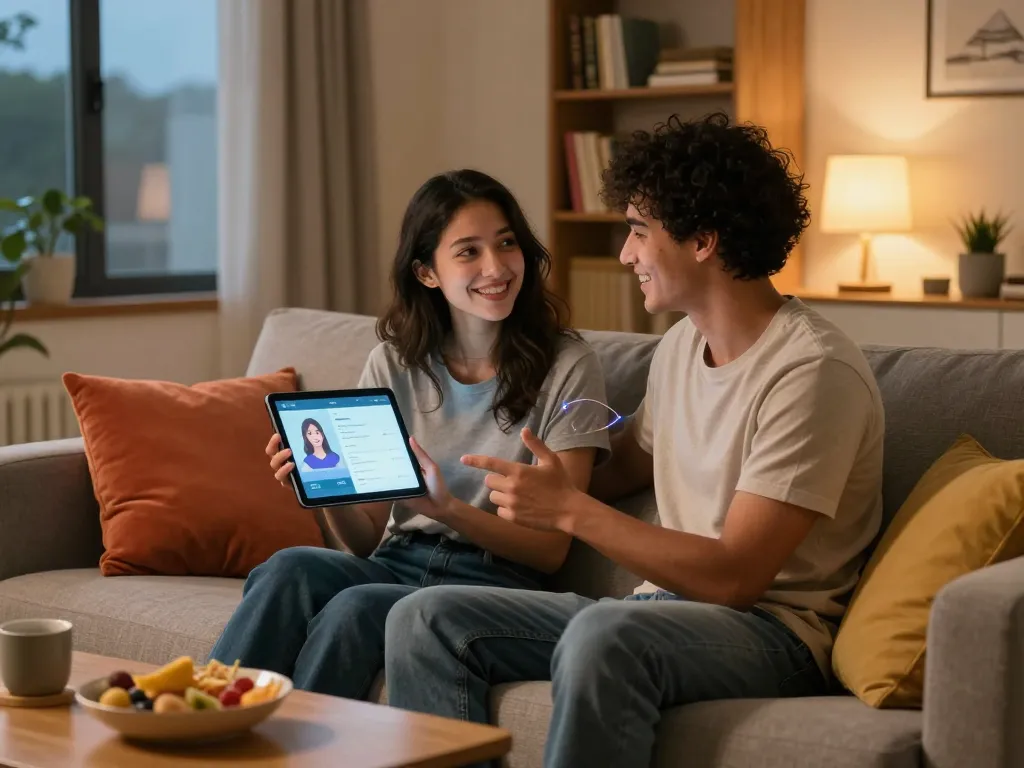 Young couple engaging with an AI girlfriend app in a cozy living room setting.