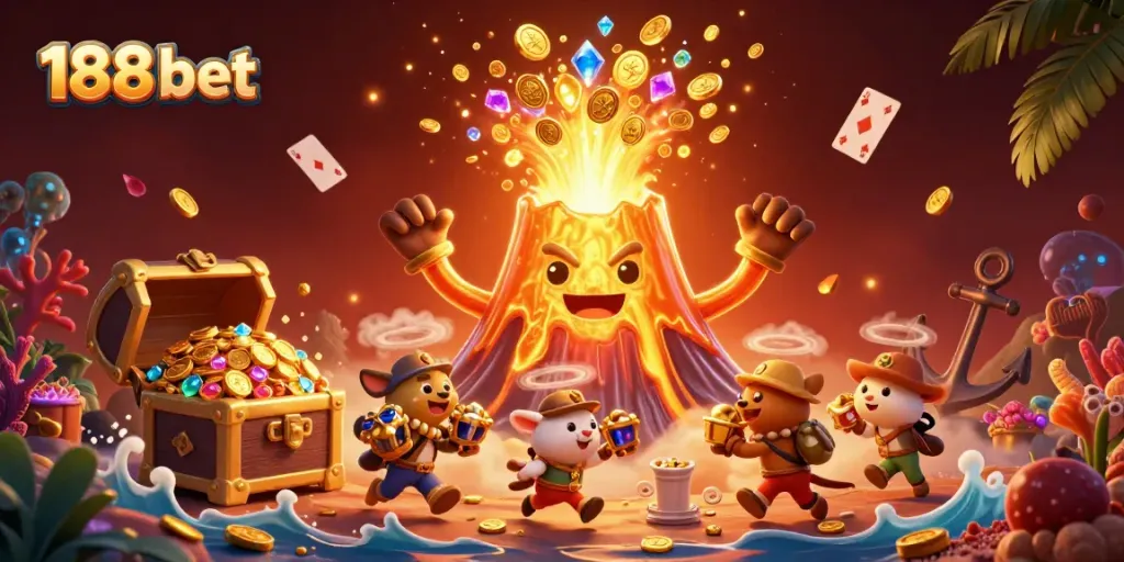Experience the excitement of 188 bet with a dynamic 3D casino scene full of adventure and treasures.