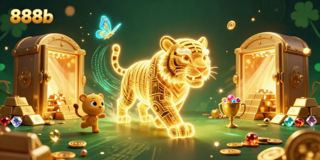 Experience the excitement of 888b with a vibrant digital casino scene featuring a neon tiger and luxurious treasures.