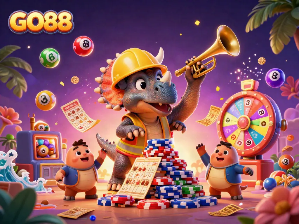 GO88 evokes excitement with a dynamic scene of a lively dinosaur-themed casino