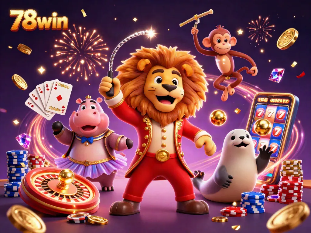 Engaging 3D illustration showcasing 78win characters with cascading coins, celebrating casino wins in a vibrant scene