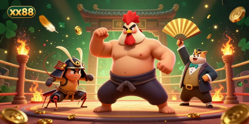 Experience the excitement of xx88 with unique characters in a vibrant casino battle scene.