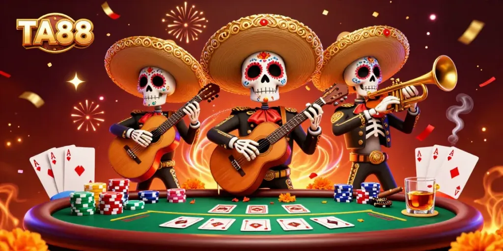 TA88 vibrant casino scene with mariachi skeletons enjoying poker surrounded by festive elements