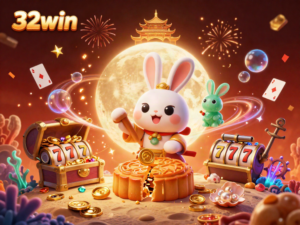 Experience excitement with 32win, where a moon rabbit reveals hidden poker chips amidst slot magic.