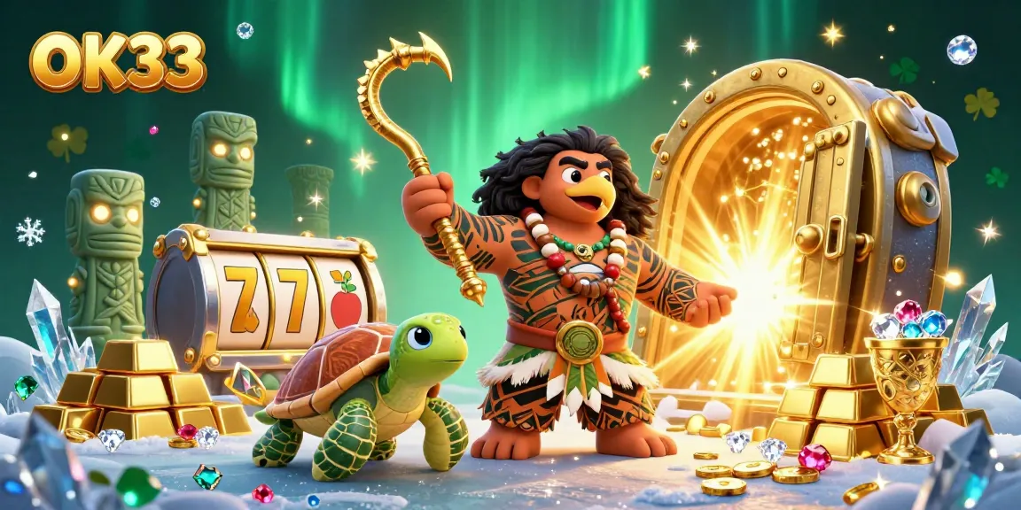 Experience thrilling games at OK33, featuring a vibrant and dynamic casino illustration.