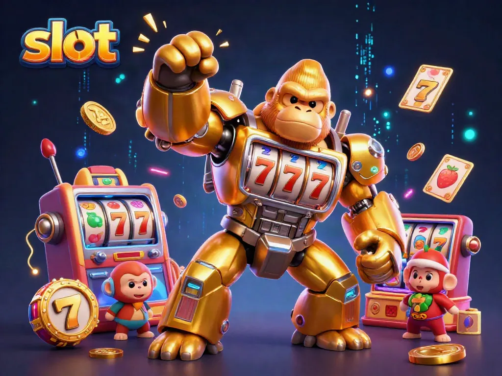 Experience vibrant slot gaming excitement with a dynamic golden gorilla mech and energetic symbols.