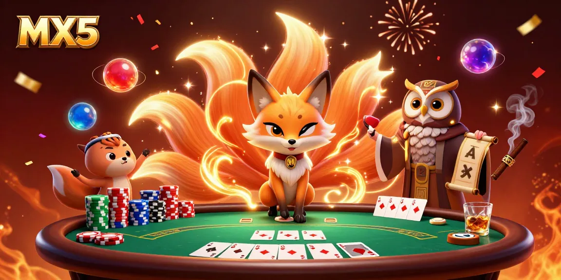 Engage in the excitement of MX5 with a vibrant scene of a nine-tailed fox and wise owl amidst poker elements.