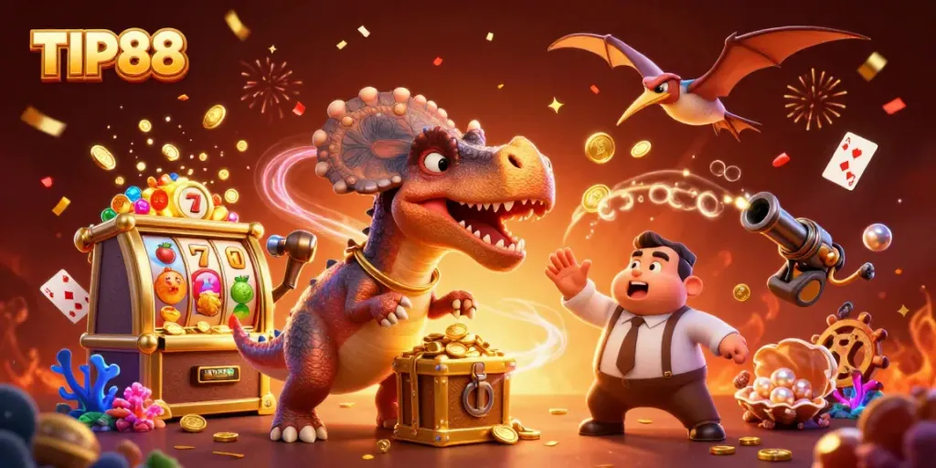TIP88 showcases excitement as a pachycephalosaurus hits a slot machine jackpot in a vibrant casino scene.