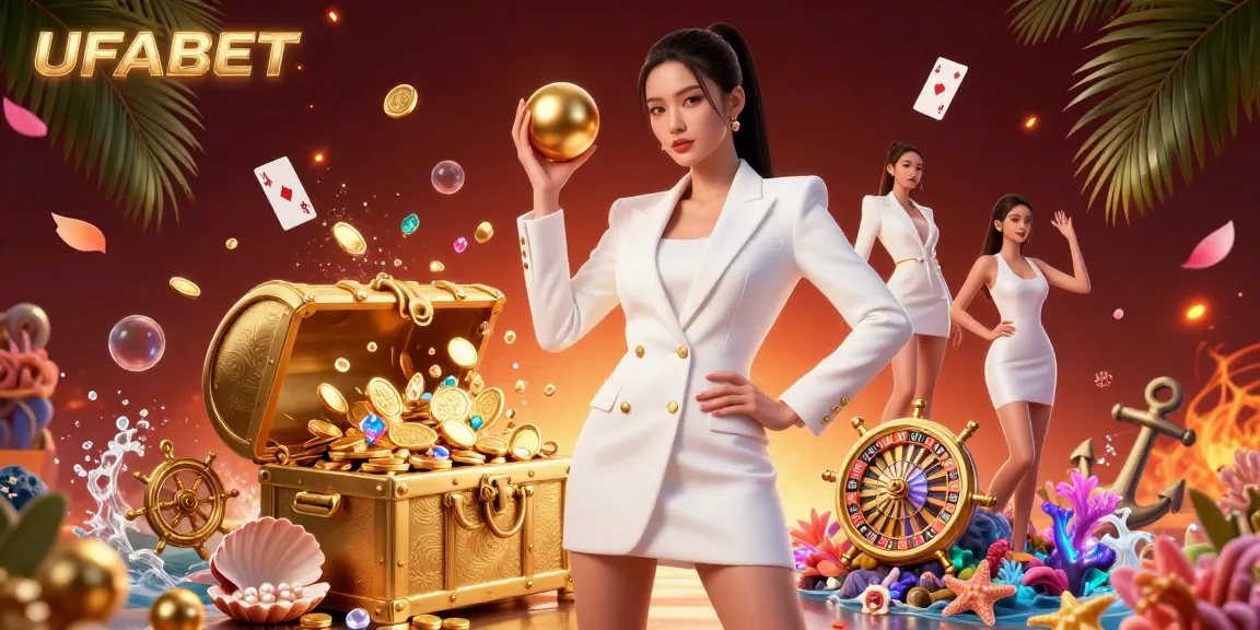 Win big with UFABET in this vibrant 3D casino scene featuring exciting game elements and a striking atmosphere.