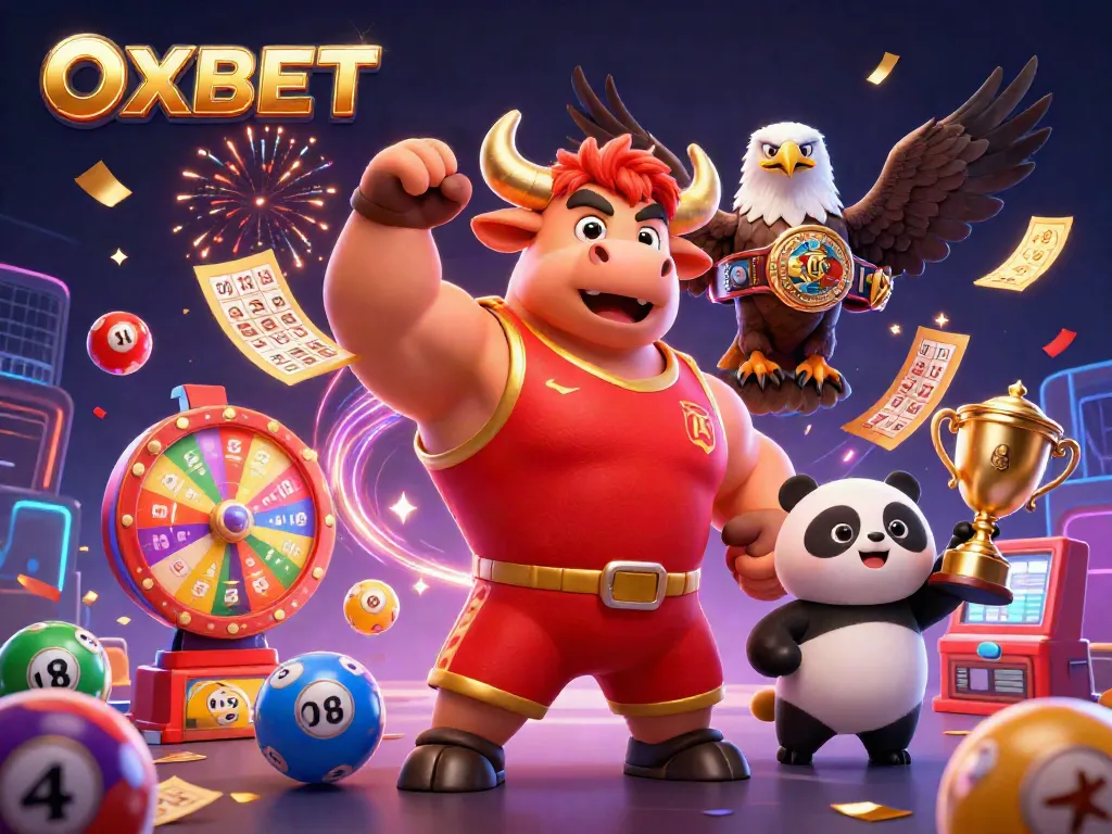 OXBET brings excitement through games with a victorious bull, eagle, and trophy-bearing panda in a vibrant casino scene.