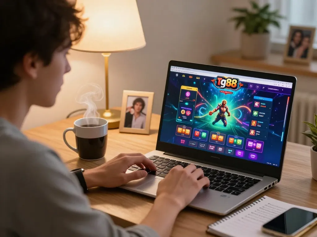Player enjoying tg88 online casino on a cozy home desk with strategy notes nearby.