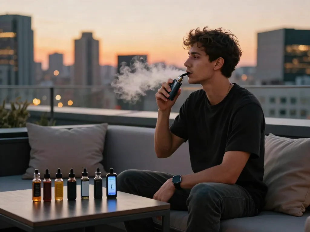 Vaper enjoying a rechargeable vape kit on a rooftop, exploring how many puffs are in a vape bar against a city sunset backdrop.