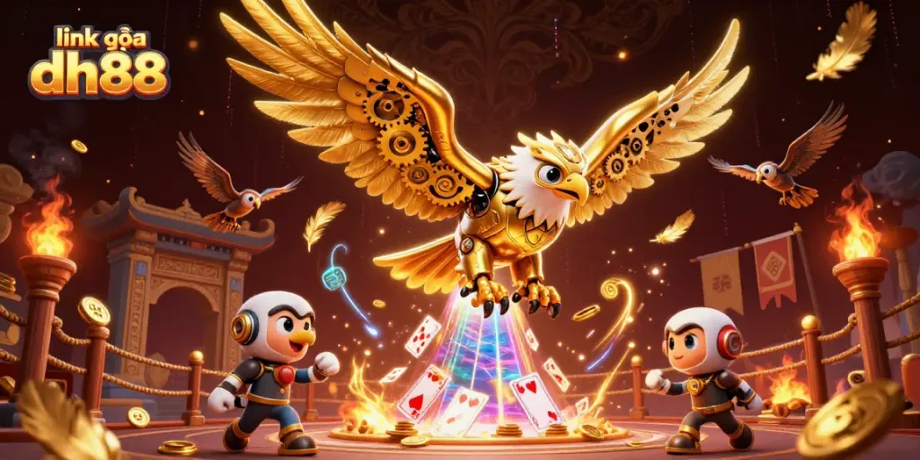 Experience thrilling gameplay with link vào dh88 as a cybernetic eagle soars through vibrant casino elements.