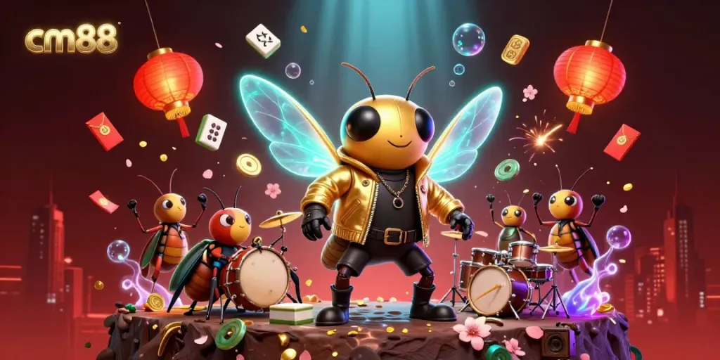 Experience the thrill of gaming with cm88 in this vibrant 3D scene featuring a cartoon cicada rock star and engaging elements.