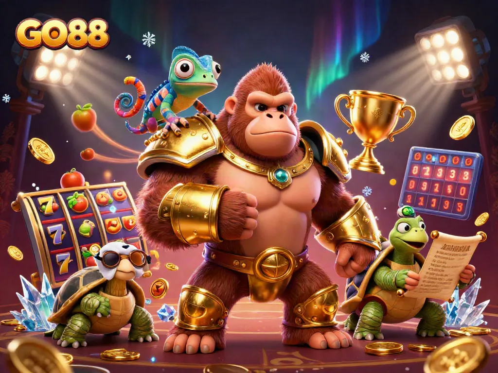 Experience thrilling gameplay at GO88 with a powerful gorilla, chameleon, and tortoise in a rich casino scene.