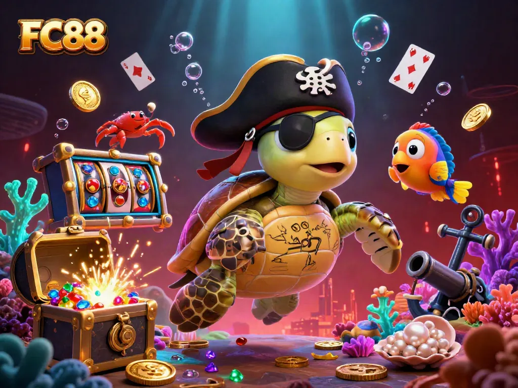 FC88 casino adventure scene with dynamic elements like slot reels and playing cards surrounded by 3D animated sea creatures.