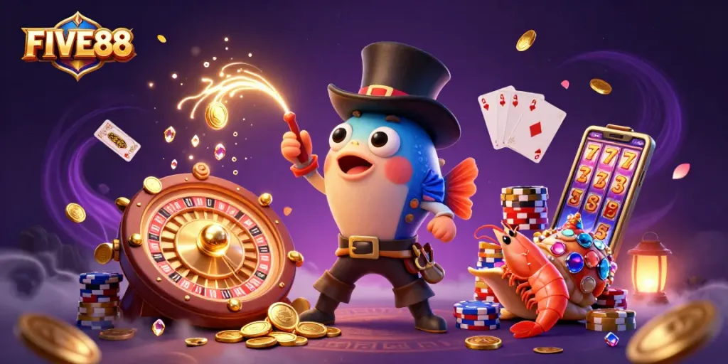 Catch golden coins with FIVE88 in an exciting underwater casino illustration.