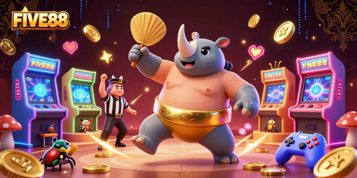 Experience the thrilling action of FIVE88 with a beetle sumo champion amidst vibrant casino games.