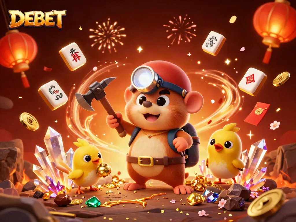 Engage in thrilling gambling adventures with DEBET, featuring a treasure hunter mole surrounded by vibrant casino elements.