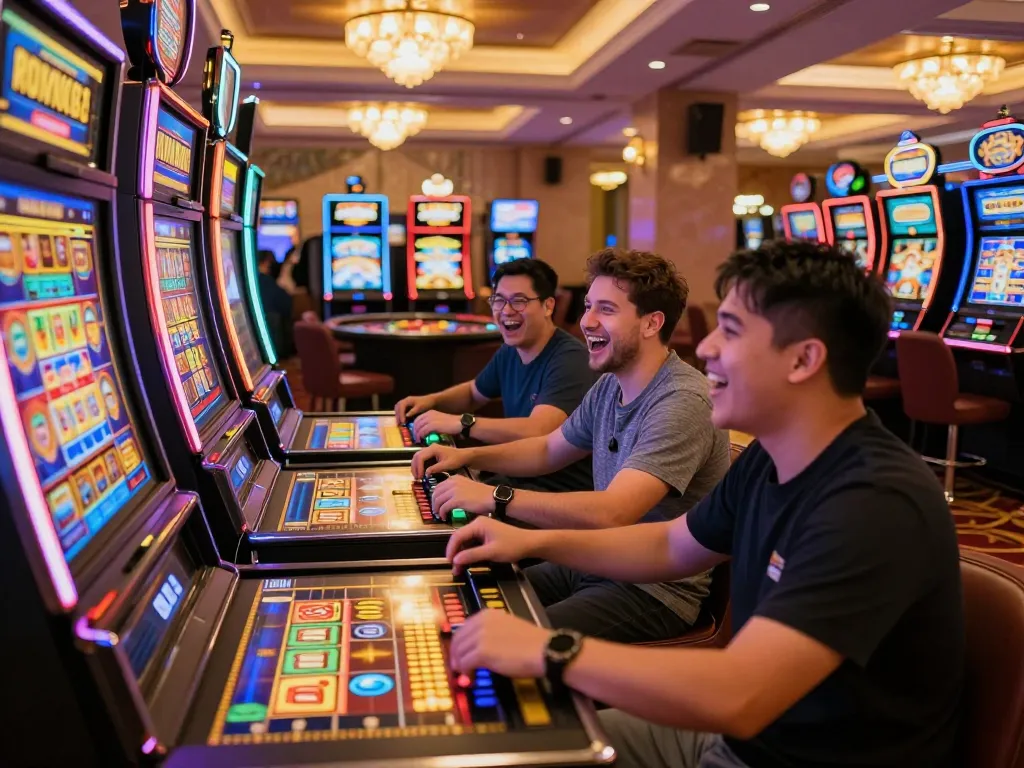 Engaging players celebrate winning moments at rokok88 slot machines in a vibrant casino atmosphere.