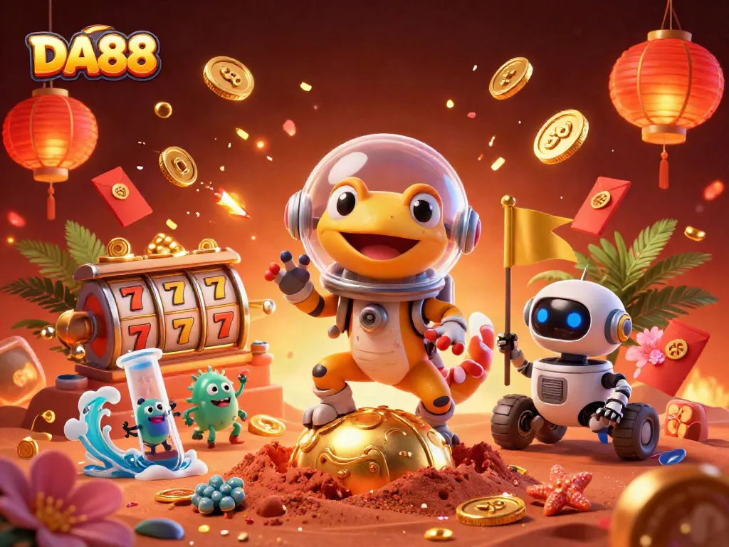 DA88 showcases an exciting 3D casino scene with vibrant slot reels and the Martian gecko exploring.
