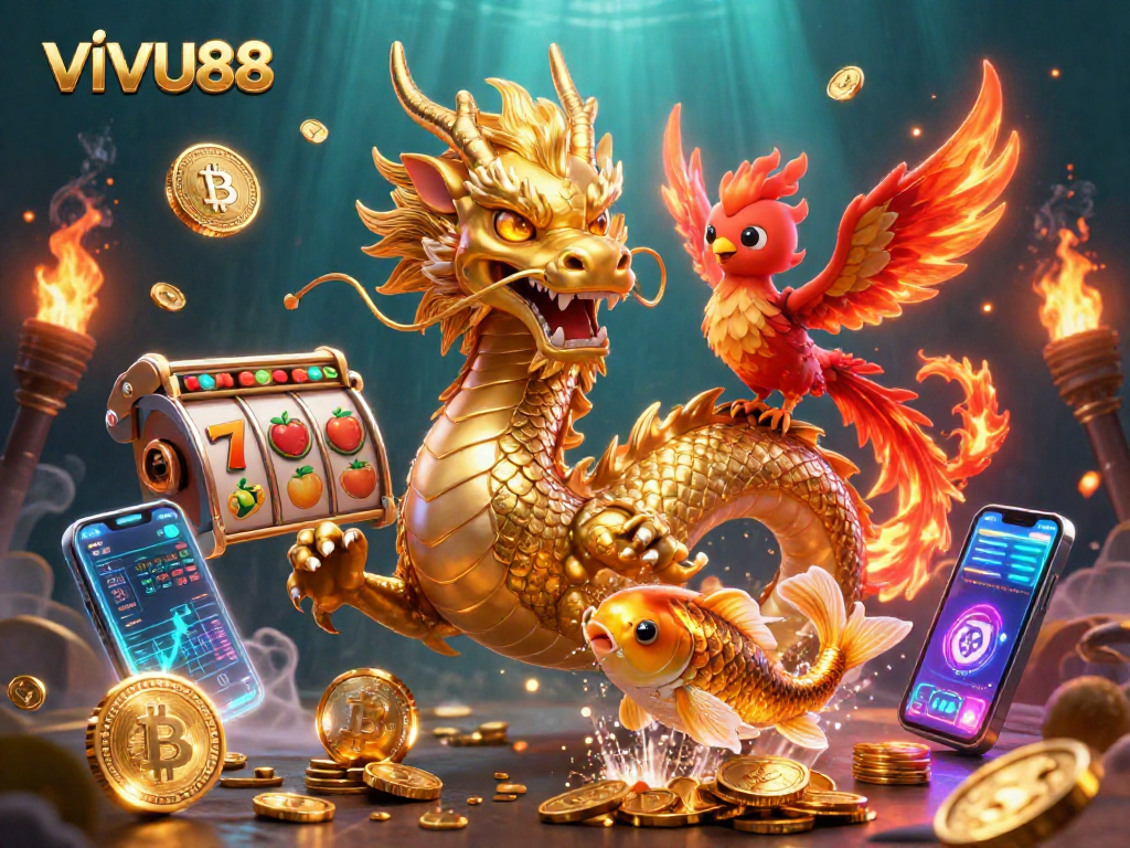 Experience vibrant gaming action with VIVU88, featuring a golden dragon amidst slot machines and crypto elements.