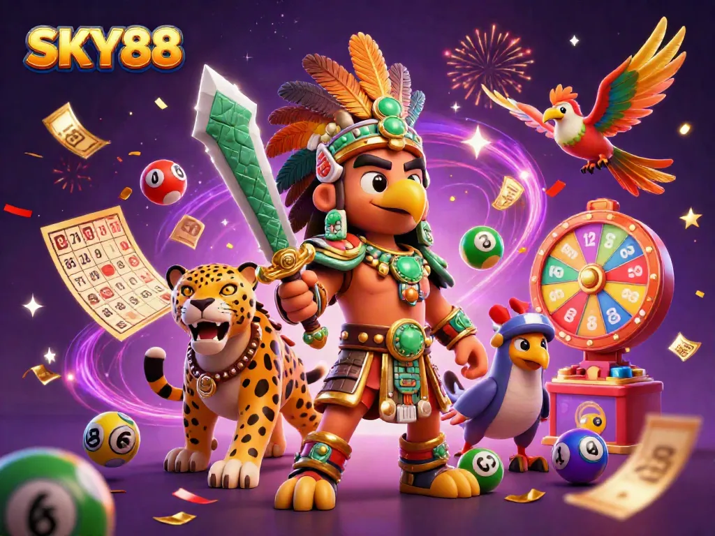 Engage in thrilling games at SKY88 with dynamic illustrations featuring vibrant elements and energetic characters.