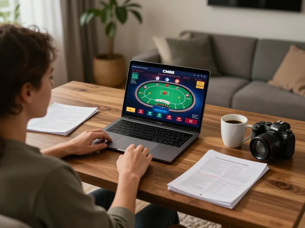 Engaging gameplay at CM88 online casino on a laptop, revealing poker strategies and cozy home atmosphere