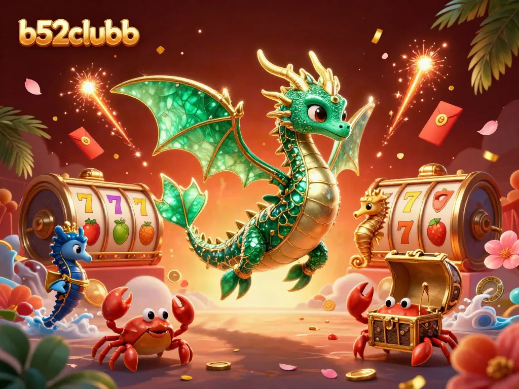 Experience the thrill of b52clubb as a sea dragon and treasure chest embark on a slot adventure.