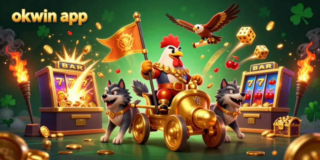 Experience the excitement of the okwin app with this dynamic 3D casino-themed illustration featuring a rooster warlord and gold-rich slots.