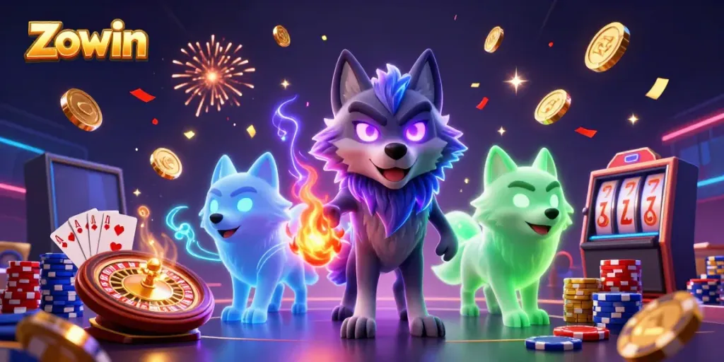 Play exciting games at Zowin with a captivating 3D wolf character and vibrant casino elements.