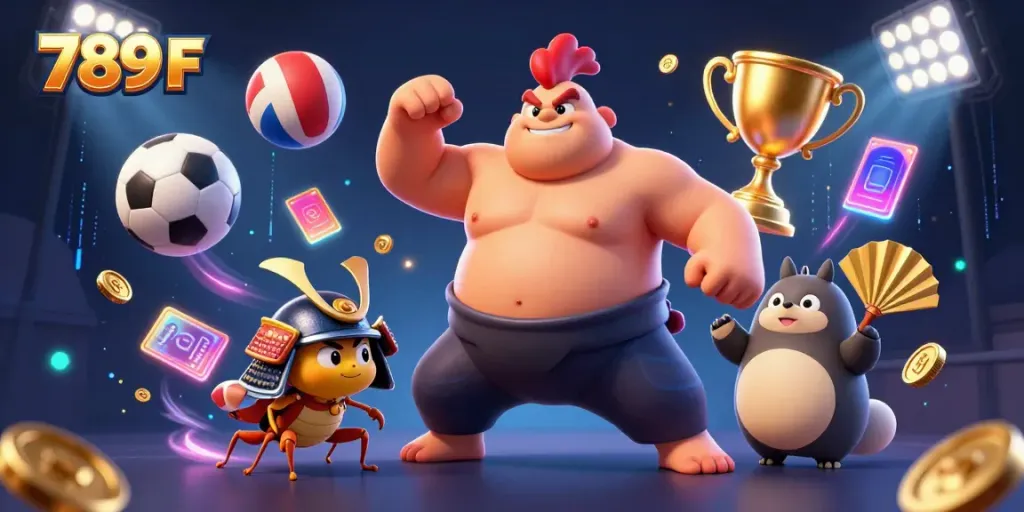 Engage in thrilling gameplay with 789 F in this vibrant 3D casino scene featuring sumo and samurai elements.
