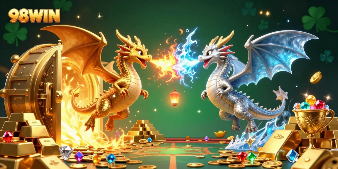 Engage in epic wins with 98WIN's vibrant dragon-themed casino adventure showcasing riches and treasures.
