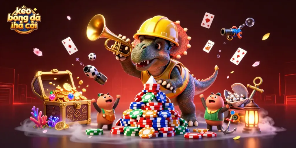 Engaging scene with kèo bóng đá nhà cái characters surrounded by dynamic sports elements celebrating in a vibrant casino.