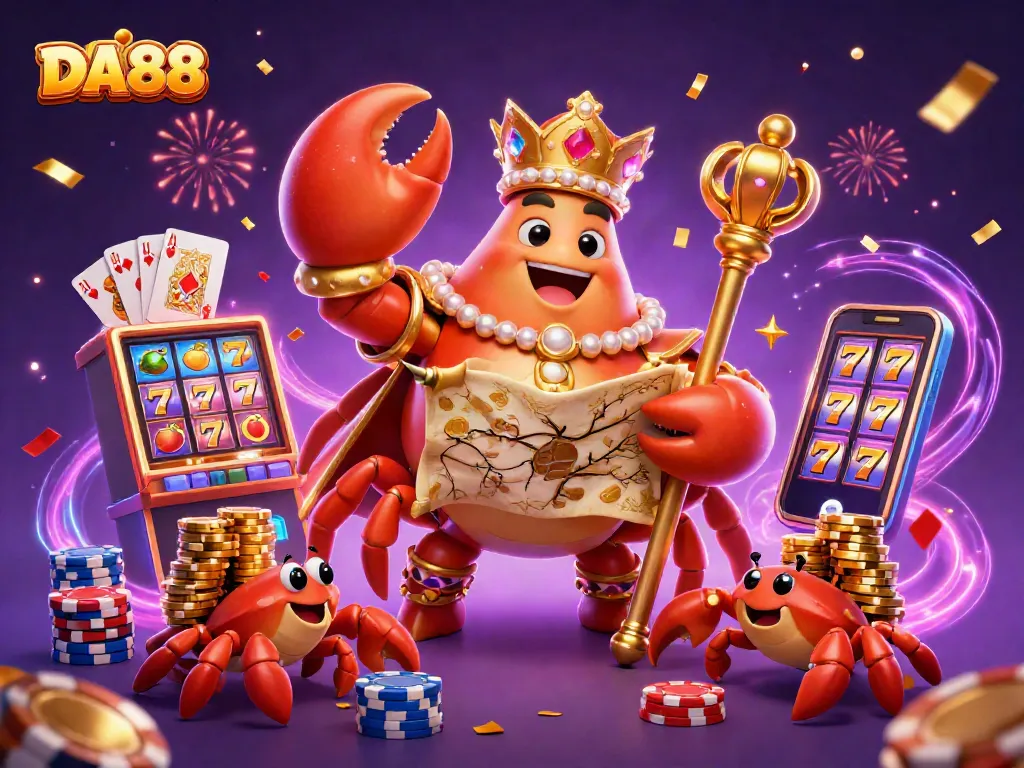 Experience DA88's thrilling gameplay with a vibrant 3D casino scene featuring slot machines and festive elements.