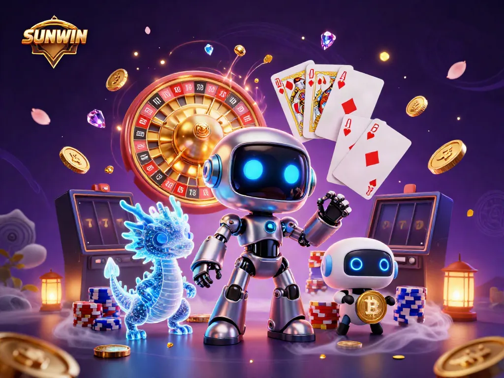 Engage with SUNWIN through vibrant 3D casino illustration featuring games, wins, and crypto elements