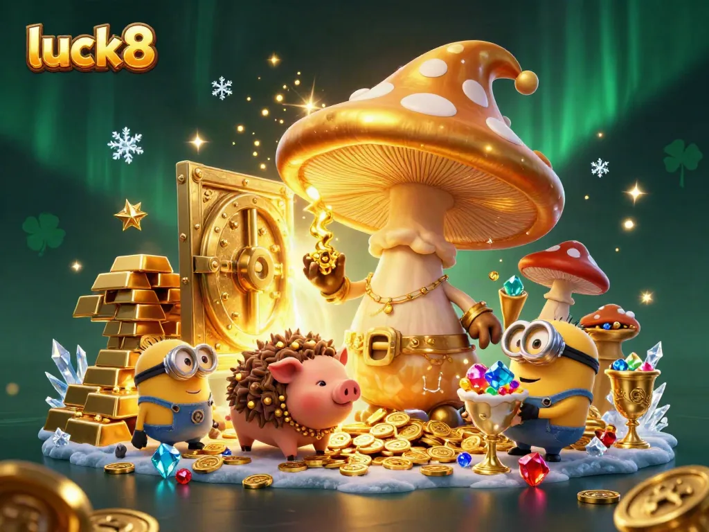 Experience luck8's vibrant casino magic with a wizard, truffle pig, and gem-carrying mushroom minions amid gold treasures.